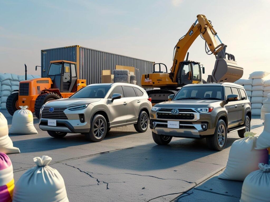 A photorealistic image depicting a variety of Japanese-made vehicles—a sleek sedan, a robust SUV, and a heavy-duty truck—positioned near construction and industrial machinery, including a powerful excavator and a forklift. White and colored plastic pellets are visible in large sacks and bins nearby. The vehicles and machinery are situated against the backdrop of a cargo container or warehouse, subtly suggesting export.